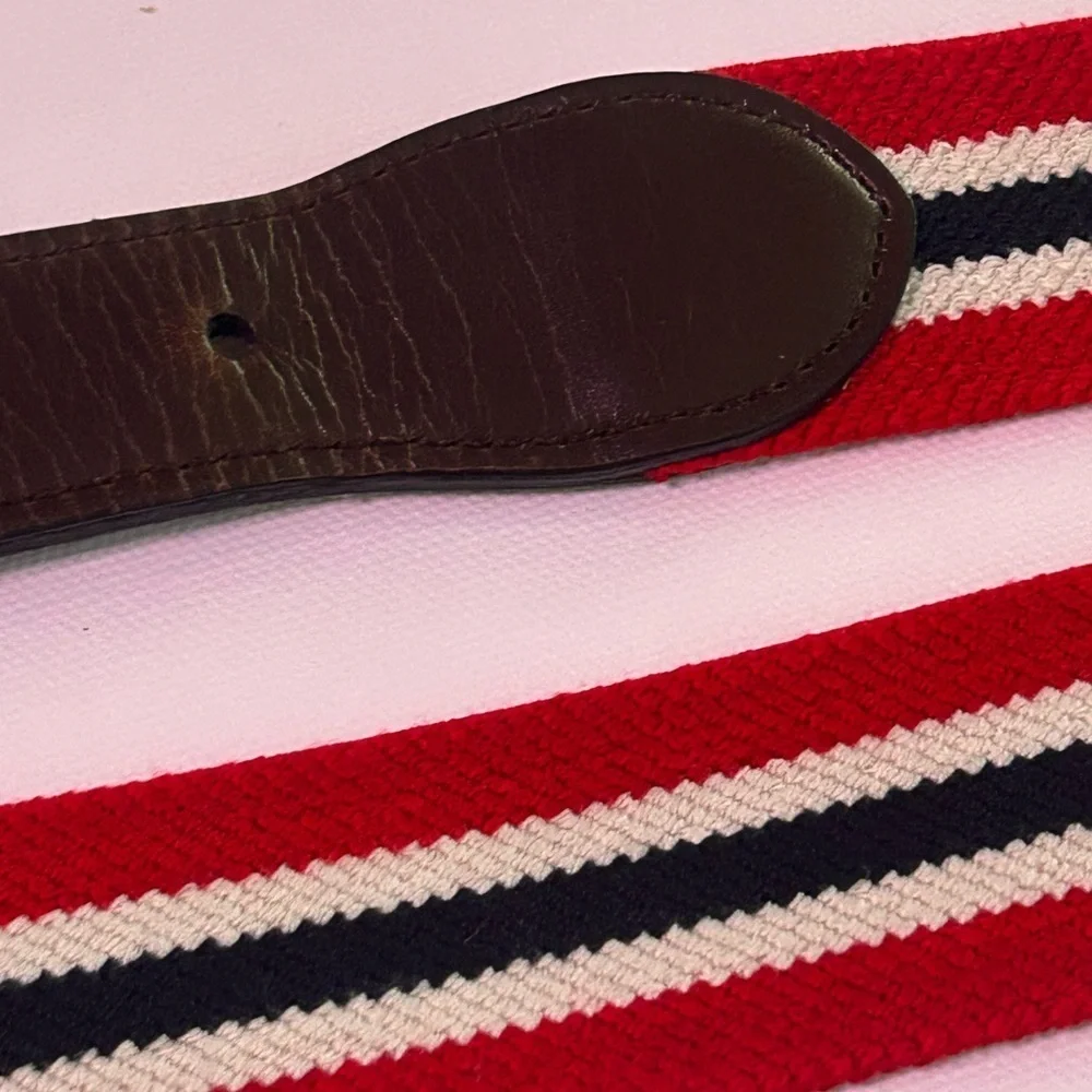 Genuine Leather Belt Silver Buckle Canvas Red White Blue Stretch Unisex Large